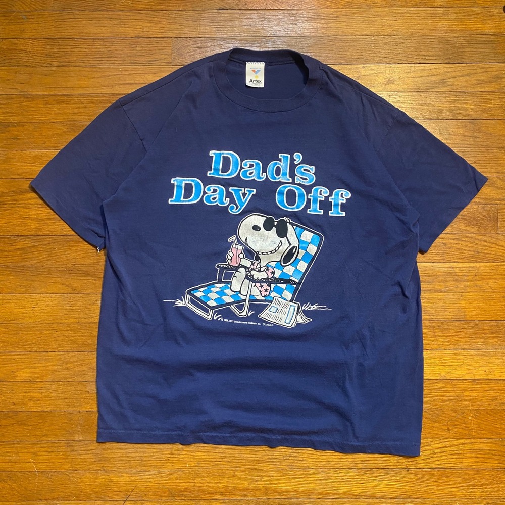 Vintage Artex Snoopy Dads Day Off T-Shirt XL Navy Blue Made in USA Joe Cool